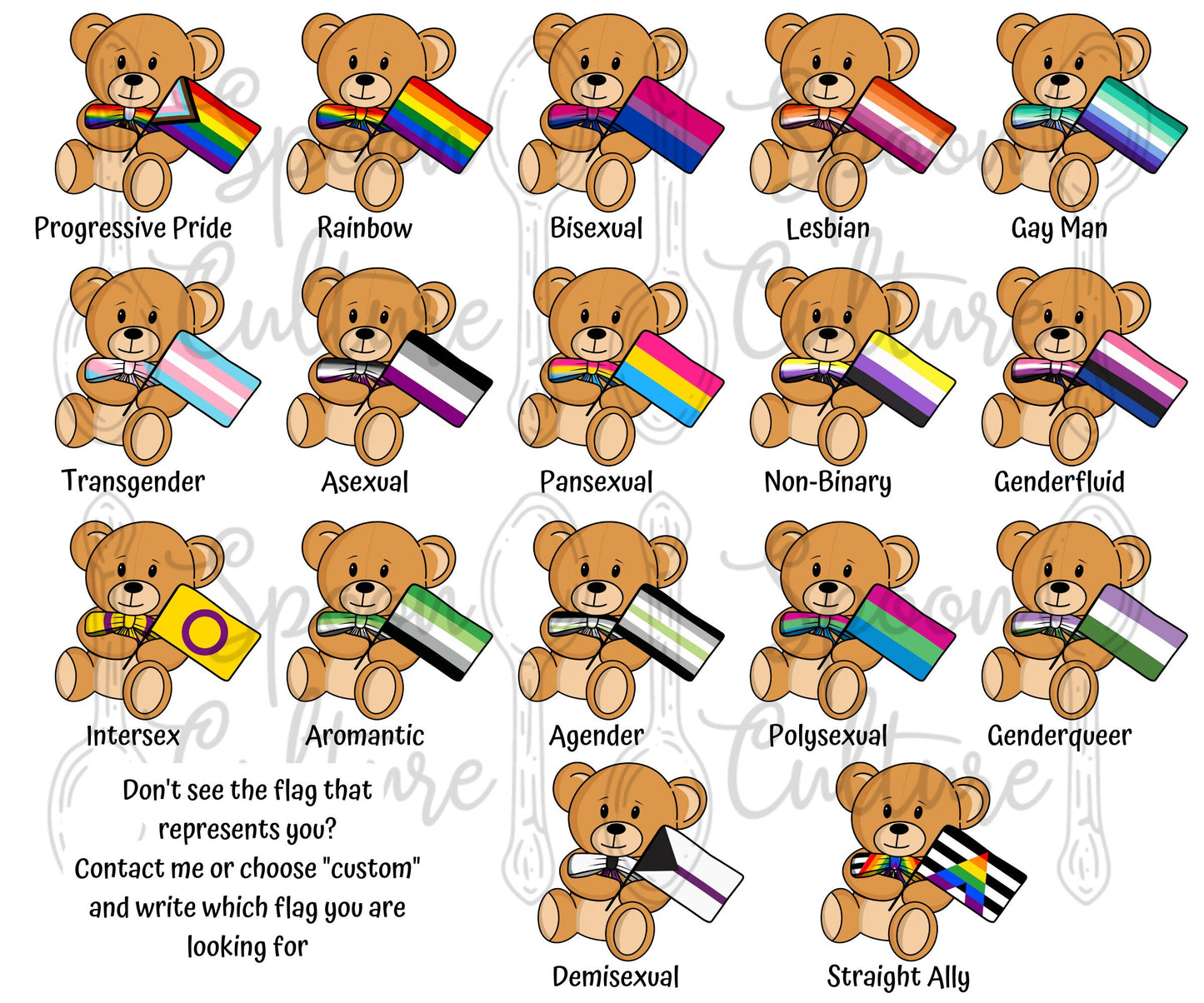 17 pride flag teddy bear options are shown and labeled. A note says if you don't see the flag that represents you, contact me or choose custom and write which flag you are looking for.