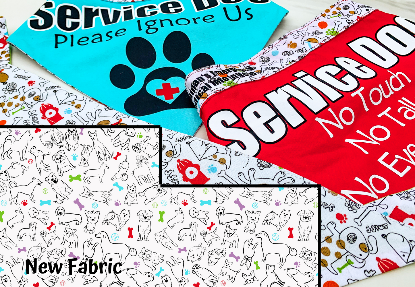 Aqua Ignore Us Paw and Red No Touch bandanas are shown. A bandana is reverse pattern side up and the new fabric pattern is placed over the photo.