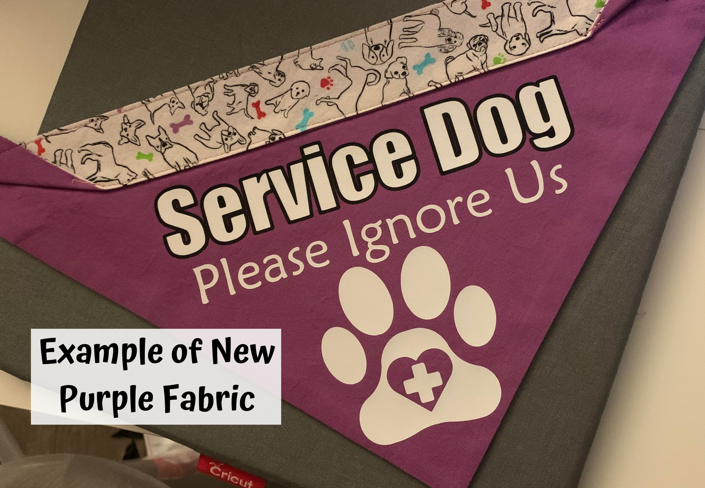 A purple bandana is shown on a grey square. The bandana has the new fabric contrast pocket at the top and has the Ignore Us Paw design. The paw and plus are all white on a purple bandana. A box says Example of New Purple Fabric, purple is not shown in other photos because it is a new addition.