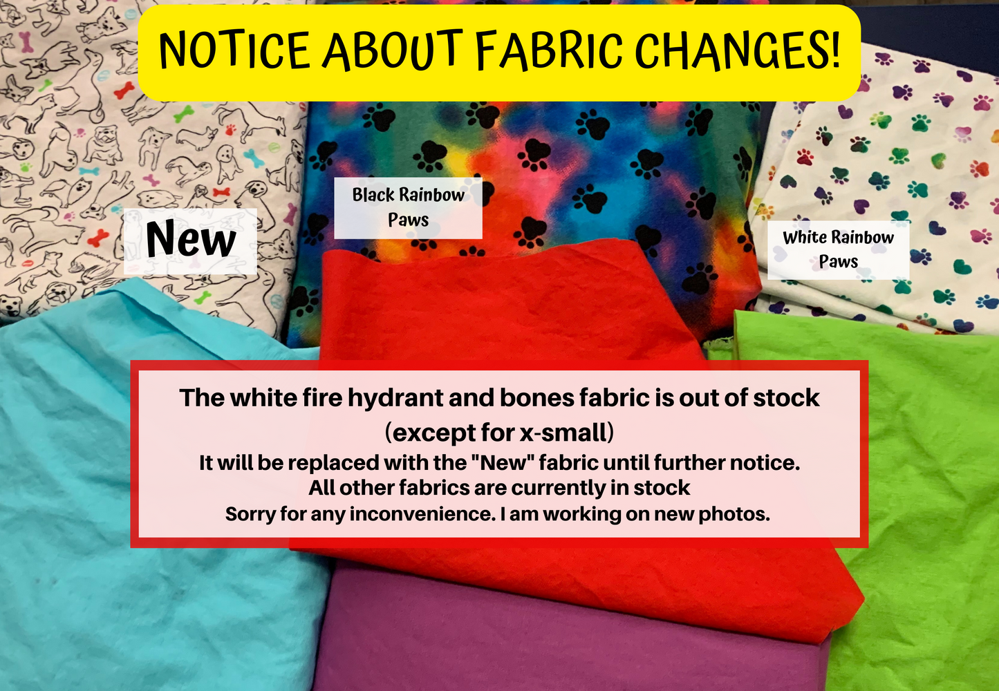 Notice about fabric changes: The white fire hydrant and bones fabric (shown on the bandanas in other photos) is out of stock except for extra small. It will be replaced with the "New" fabric until further notice. All other fabrics are currently in stock. Sorry for any inconvenience. I am working on new photos.