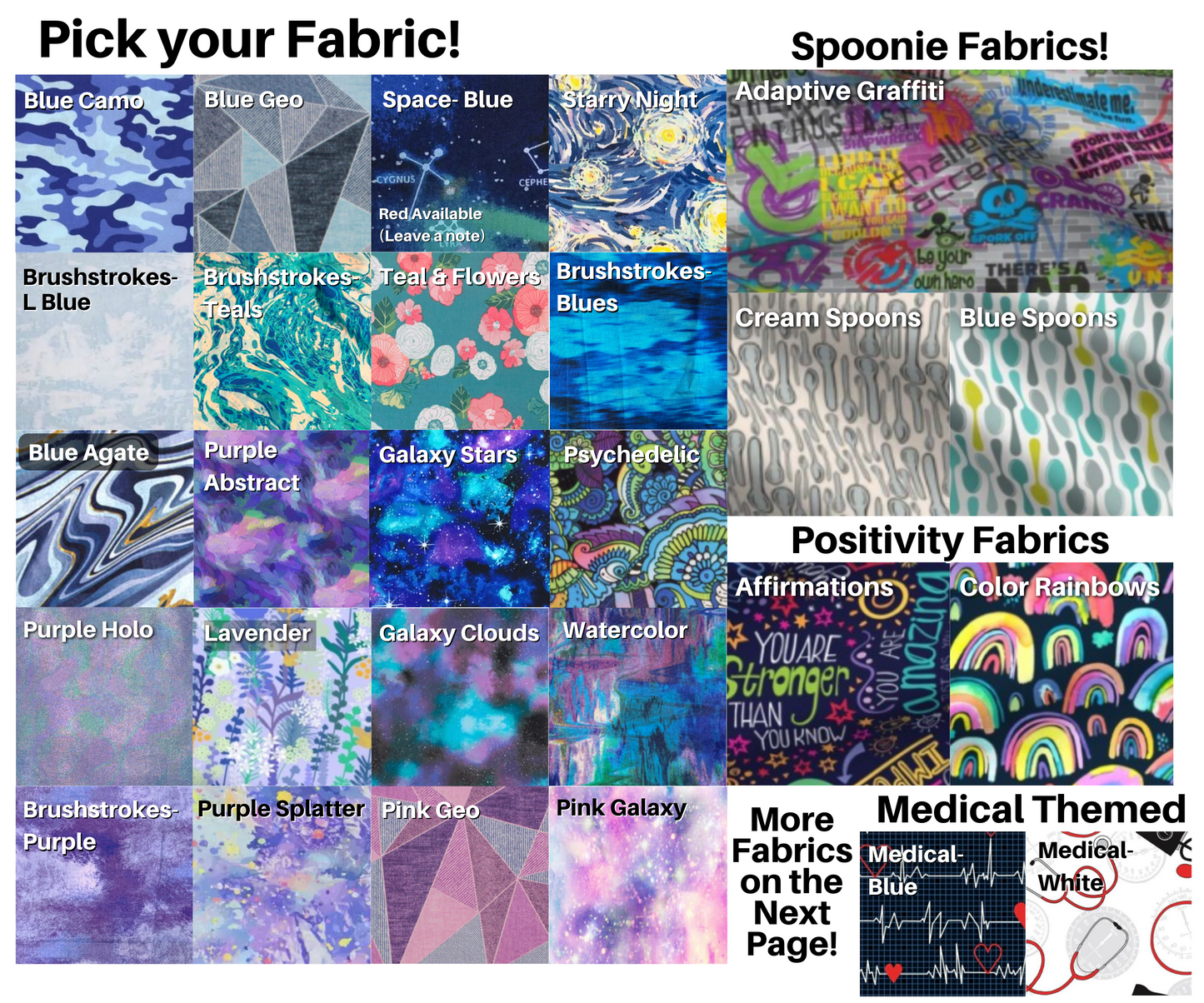 28 fabrics are shown in mostly blues and purples, some pink. There are also fabrics marked as Spoonie fabrics, positivity fabrics, and medical themed.