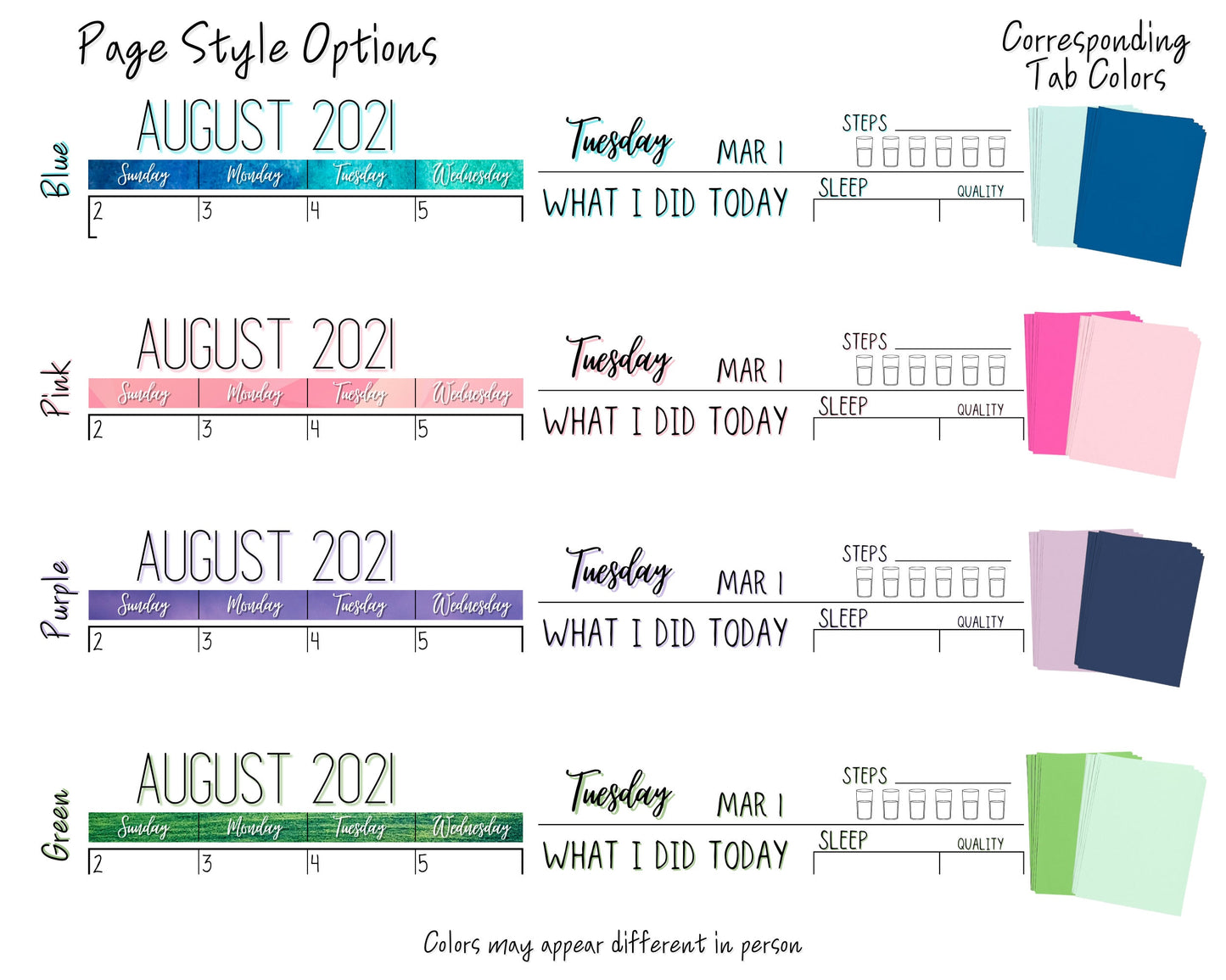 Color options are shown. Blue, Pink, Purple, Green. Each shows colorful calendar pages, and what the colored shadow looks like on each page. A column on the right says corresponding tab colors. Each color option has a light and dark shade of the color for the tabs that alternate. A note says colors may appear different in person.