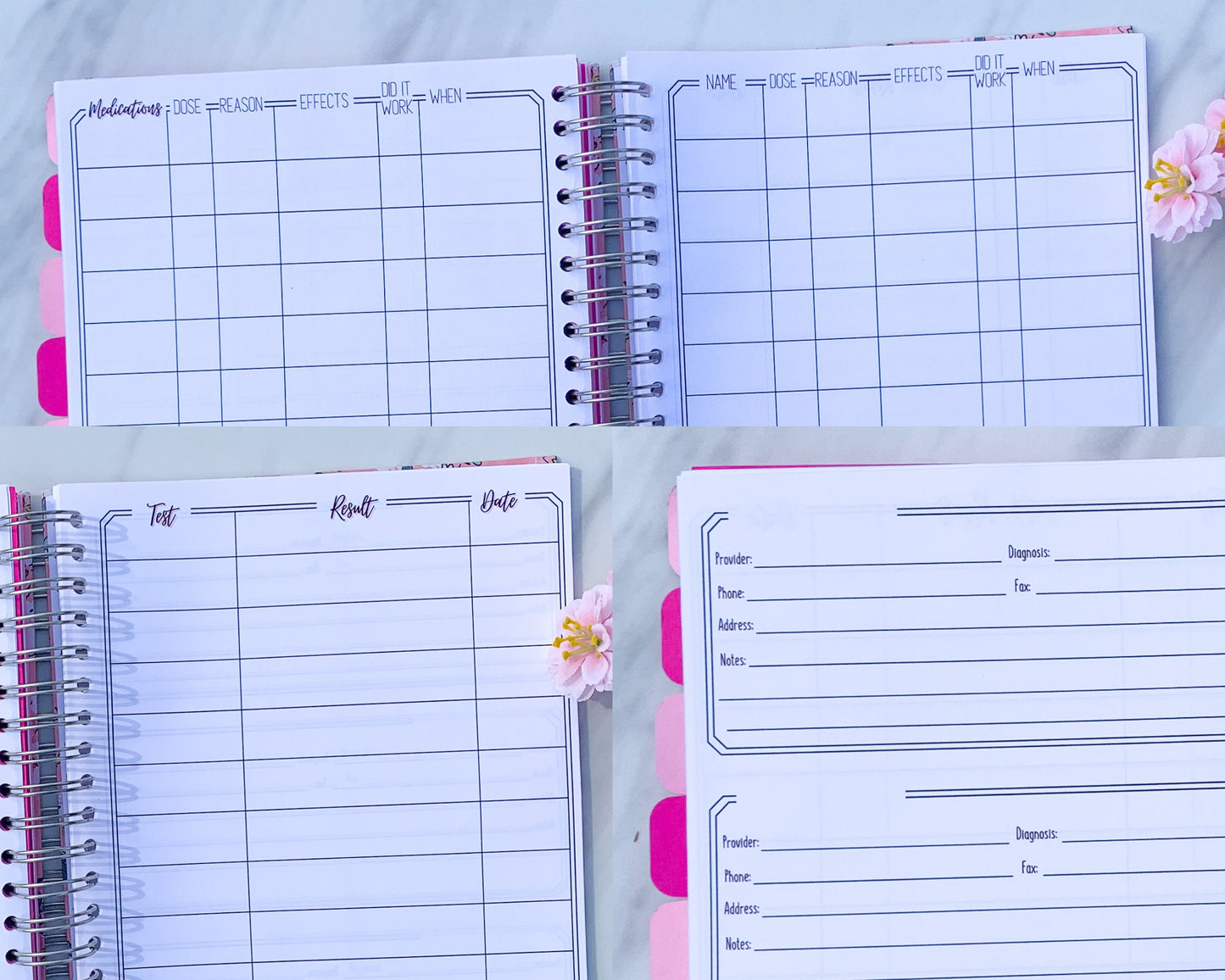Several pages are shown. At the top is 2 pages of a medication tracker. It has columns labeled medications, dose, reason, effects, did it work, when. It is the same for both sides but the right says name instead of medications. The bottom left image is a box with columns that say test, result date. The bottom right photo is 3 boxes with lines for writing that say provider, diagnosis, phone, fax, address, and 3 lines for notes.