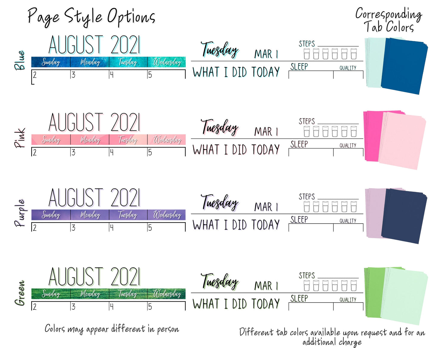 Color options are shown. Blue, Pink, Purple, Green. Each shows colorful calendar pages, and what the colored shadow looks like on each page. A column on the right says corresponding tab colors. Each color option has a light and dark shade of the color for the tabs that alternate. A note says colors may appear different in person.