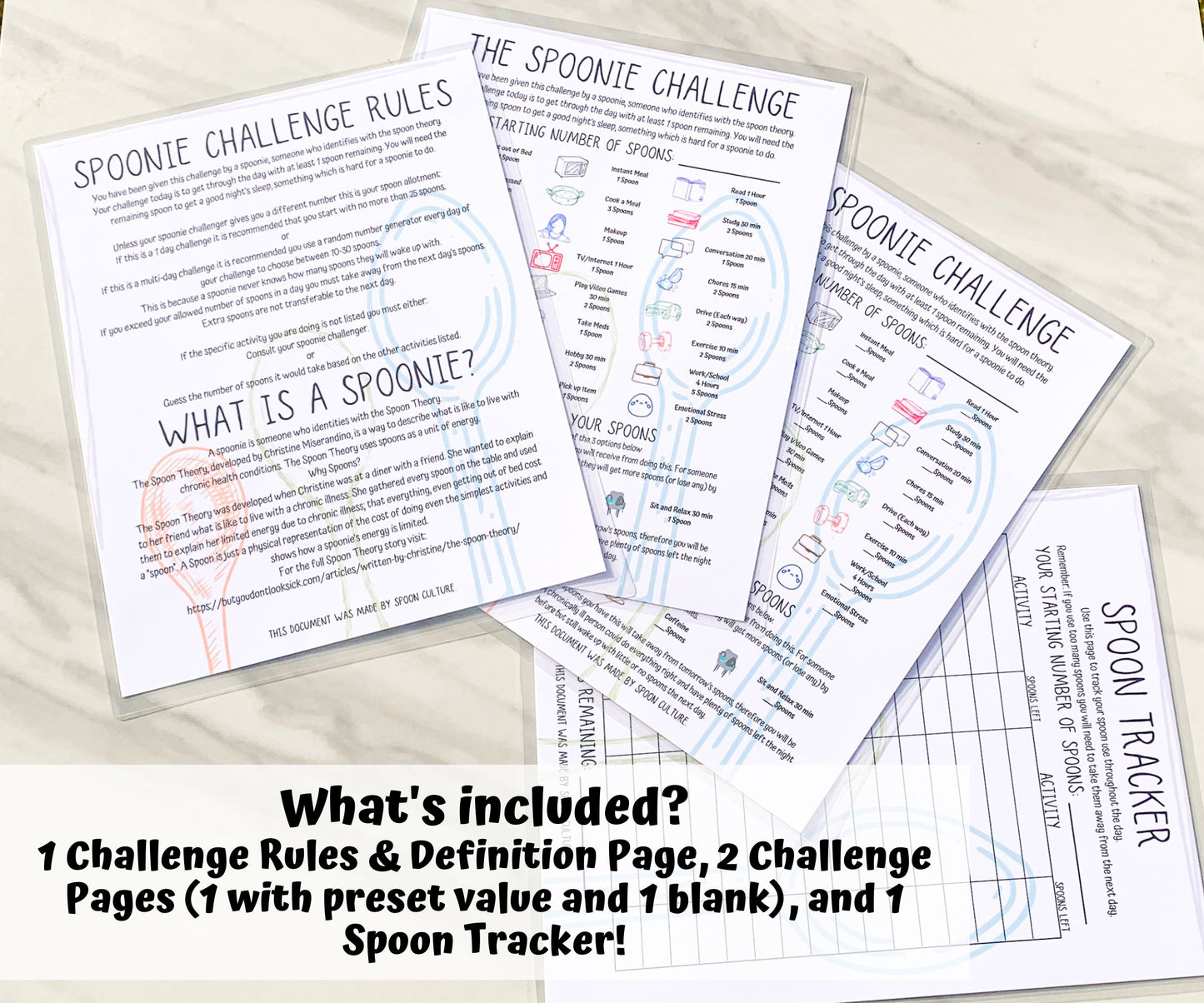 Each page of the Spoonie Challenge set is shown on a marble background They are Laminated. A note says What's Included? 1 Challenge Rules & Definition Page, 2 Challenge Pages (1 with preset value and 1 blank), and 1 Spoon Tracker.