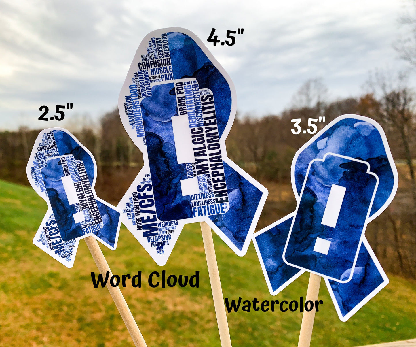3 sizes of the stickers are shown. 2.5 inch, 4.5 inch, and 3.5 inch. It also shows that the watercolor design is all color and no word cloud and the word cloud is the design with each section split in half with the word clouds