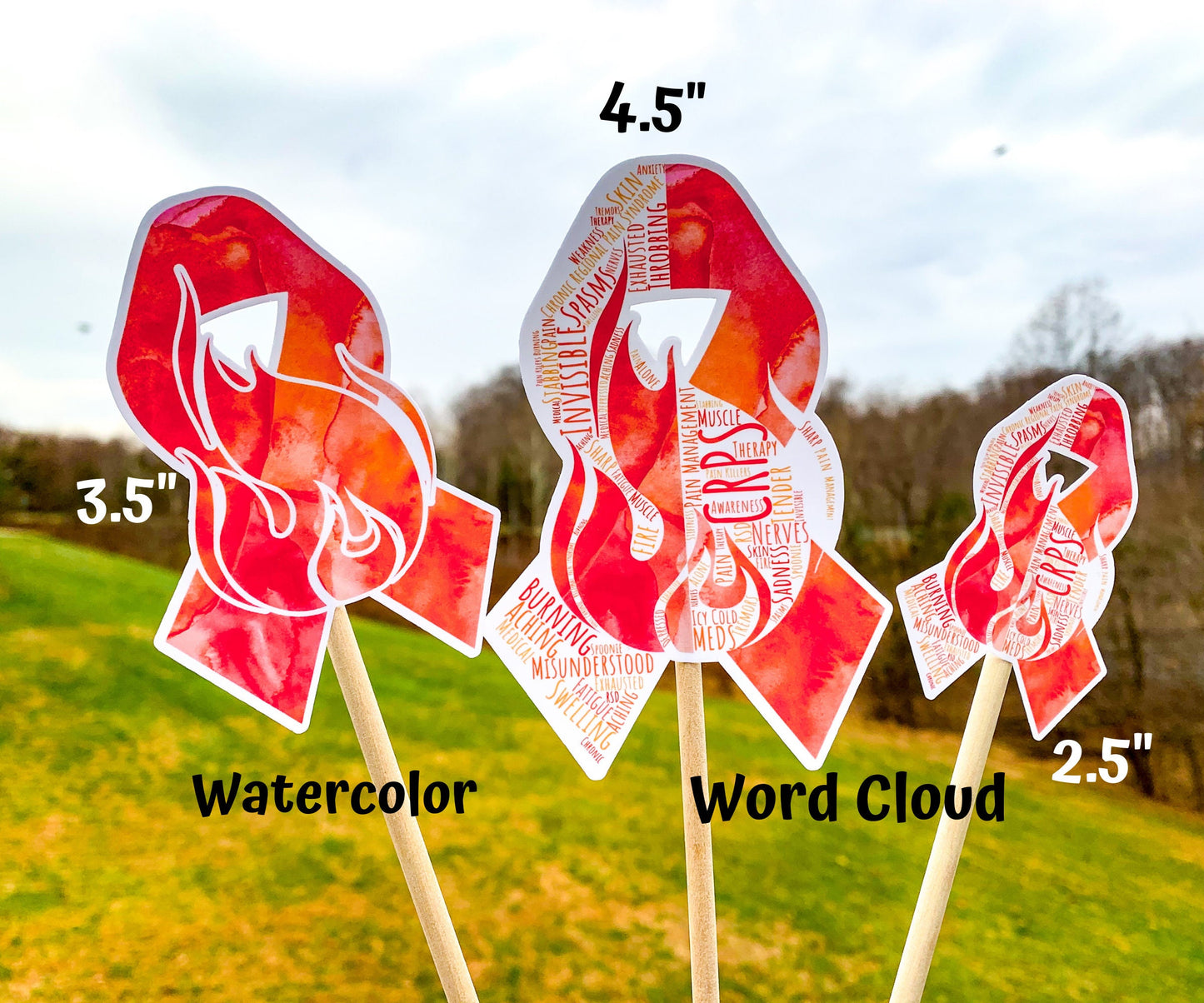 3 sizes of the stickers are shown 3.5 inch, 4.5 inch, and 2.5 inch. It also shows that the watercolor design is all color and no word cloud and the word cloud is the design with each section split in half with the word clouds