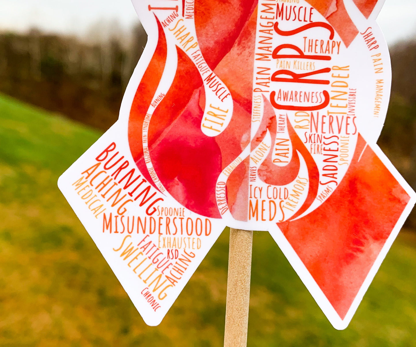 A close up of the bottom part of the ribbon of the word cloud design. You can see the words clearly in matching shades of orange and red. The words are things like Burning, Aching, Misunderstood, Swelling, Fatigue, Therapy, CRPS, Skin, Fire, Sadness, Sharp, Pain Management, and more.
