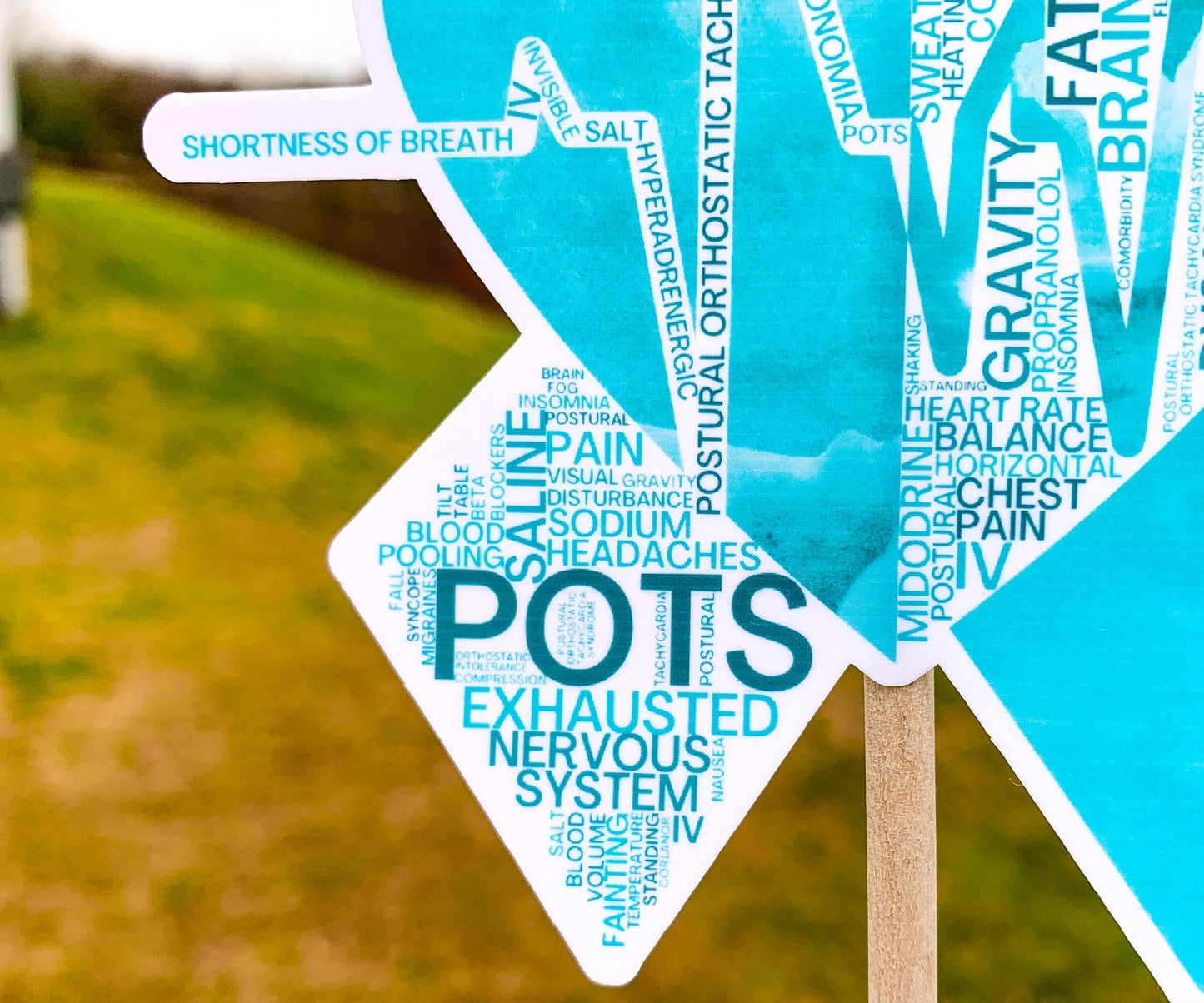 A close up of the bottom part of the ribbon of the word cloud design. You can see the words clearly in matching shades of turquoise. The words are things like Gravity, Horizontal, POTS, Tilt Table, Headaches, IV, Invisible, Fainting, Salt, Nausea, Propranolol, Balance, and more.