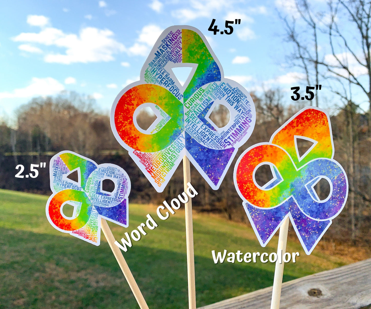 3 sizes of the stickers are shown 2.5 inch, 4.5 inch, and 3.5 inch. It also shows that the watercolor design is all color and no word cloud and the word cloud is the design with each section split in half with the word clouds
