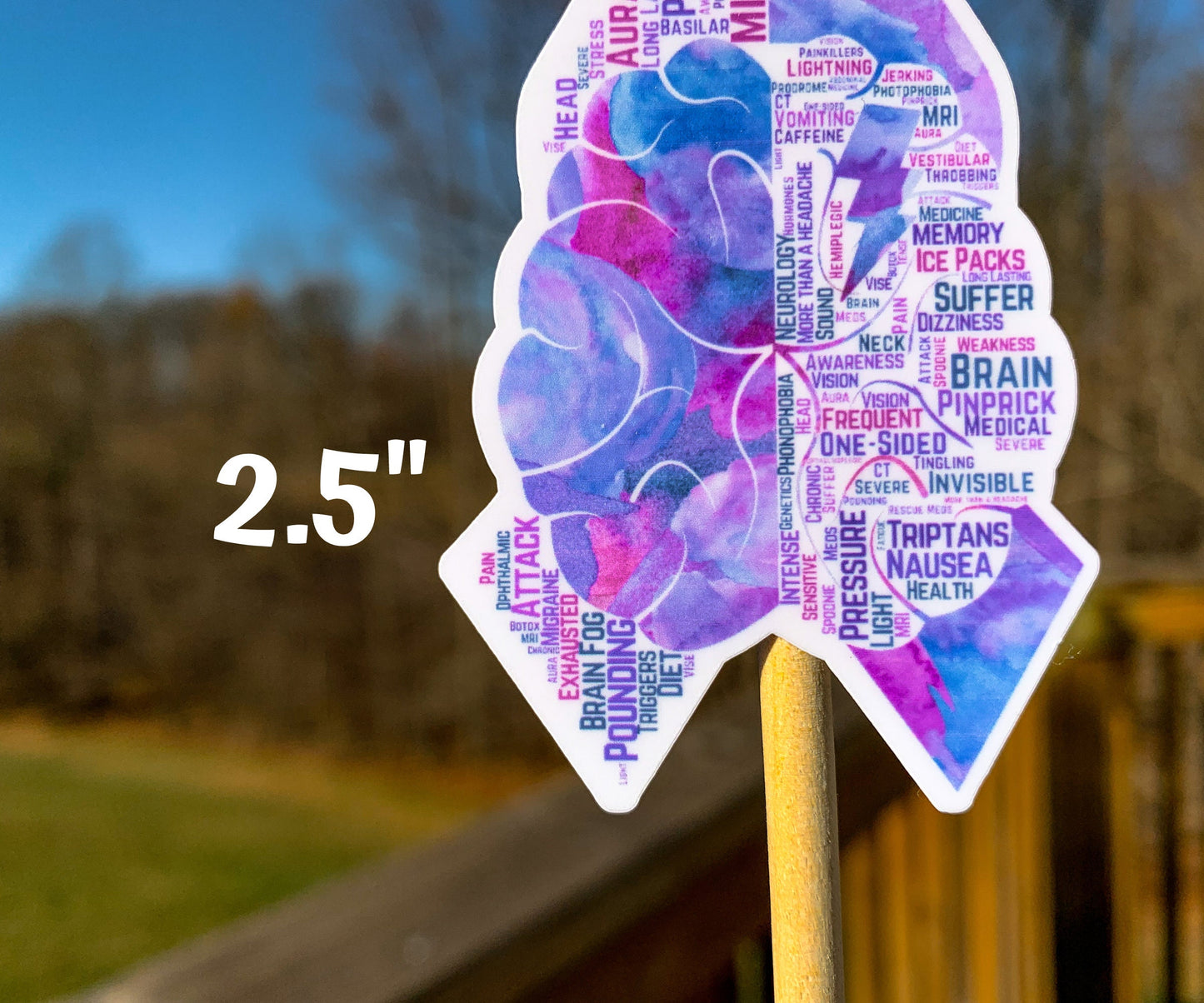 A close up of the 2.5 in word cloud ribbon is shown. You can see the words clearly in matching shades of purple and magenta. The words are things like Pounding, Attack, Memory, Head, One-sided, Pinprick, Invisible, More than a headache, Intense, Brain Fog, Migraine, and more.