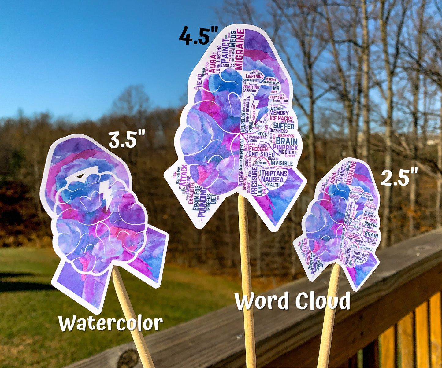3 sizes of the stickers are shown. 3.5 inch, 4.5 inch, and 2.5 inch. It also shows that the watercolor design is all color and no word cloud and the word cloud is the design with each section split in half with the word clouds