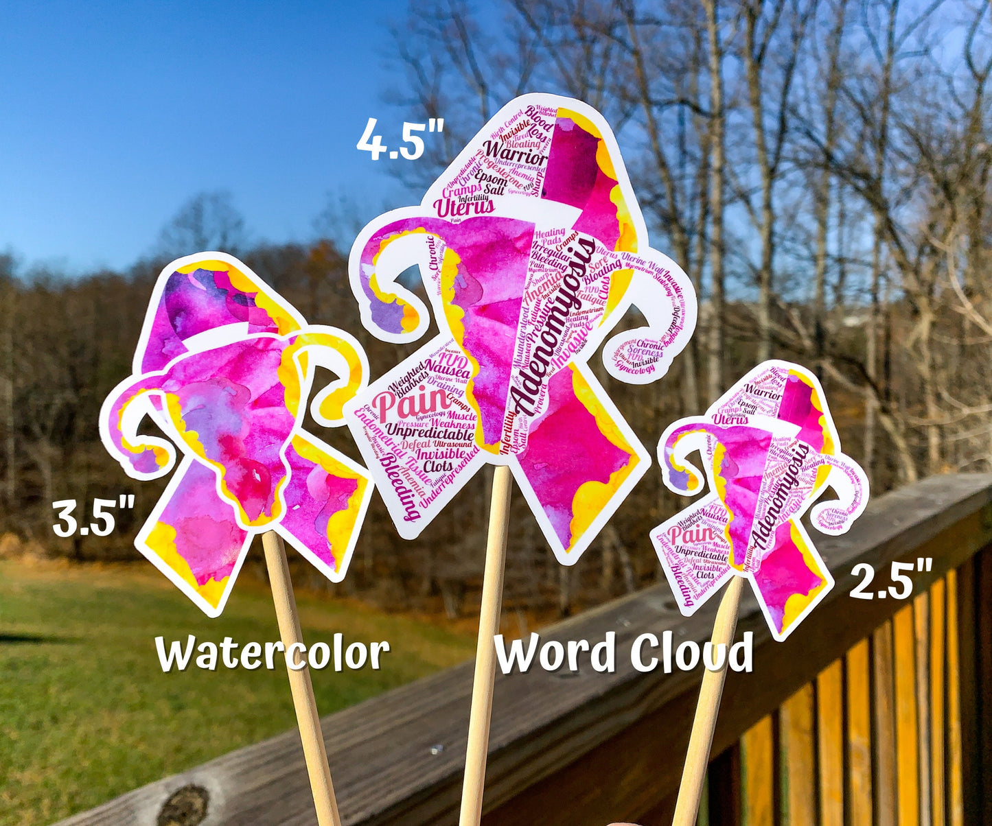 3 sizes of the stickers are shown. 3.5 inch, 4.5 inch, and 2.5 inch. It also shows that the watercolor design is all color and no word cloud and the word cloud is the design with each section split in half with the word clouds.