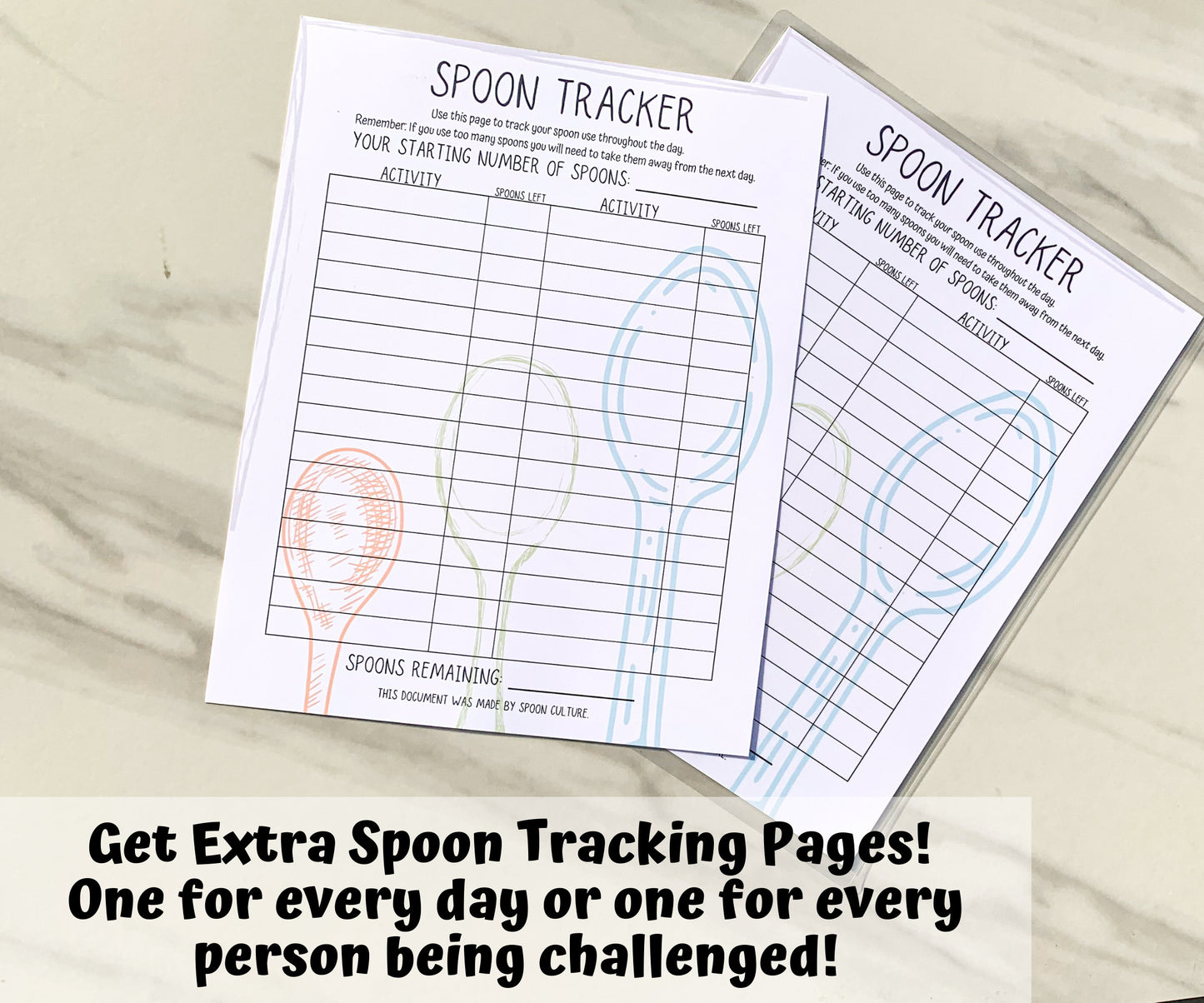 An unlaminated and laminated spoon tracker are shown on a marble background. A note says Get extra spoon tracking pages! One for every day or one for every person being challenged.