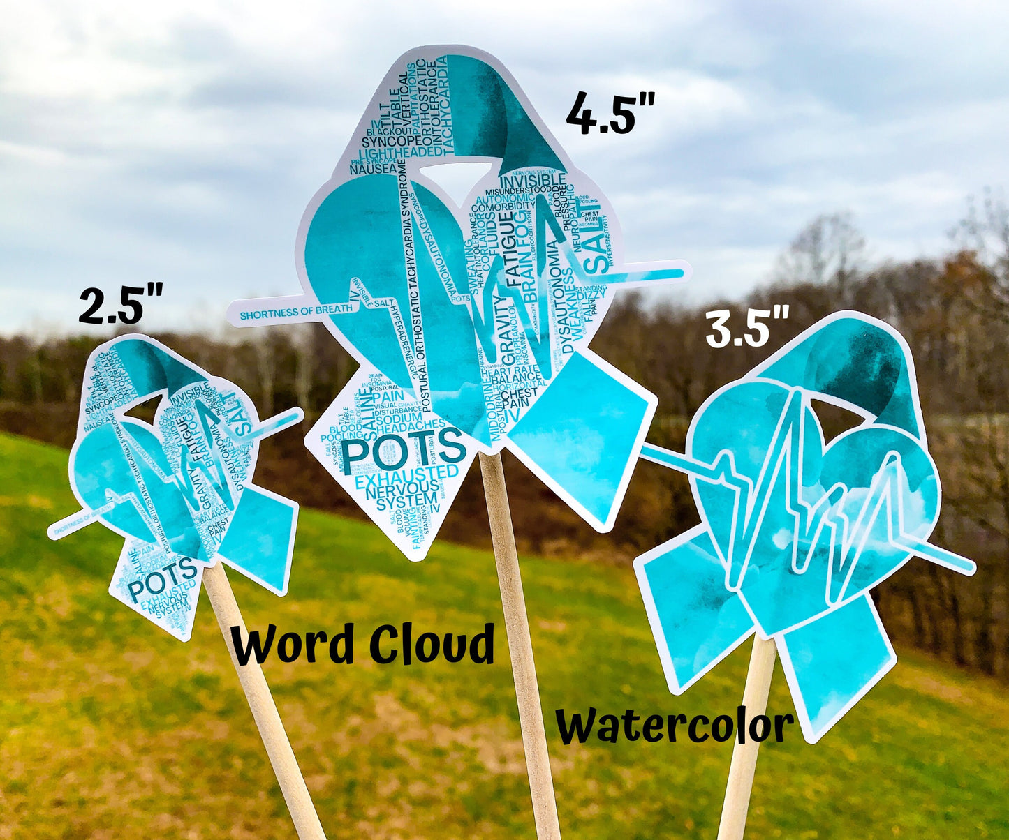 3 sizes of the stickers are shown 2.5 inch, 4.5 inch, and 3.5 inch. It also shows that the watercolor design is all color and no word cloud and the word cloud is the design with each section split in half with the word clouds