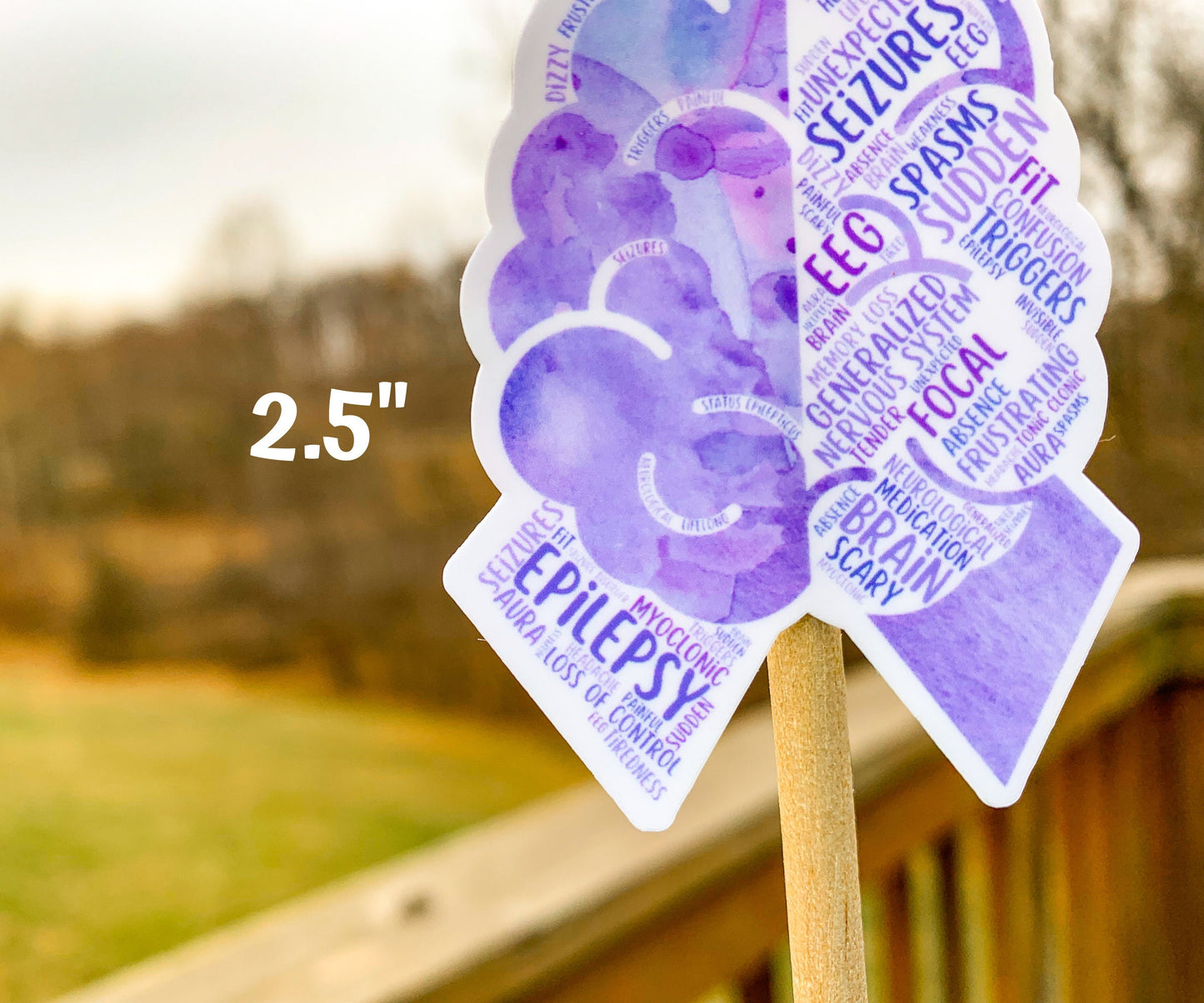 The 2.5 inch word cloud ribbon is shown, some of the smaller words are harder to see but many of the words are visible. Words like Focal, Absence, Invisible, Seizures, Trigger, Sudden, Medication, Neurological, Painful, and more.