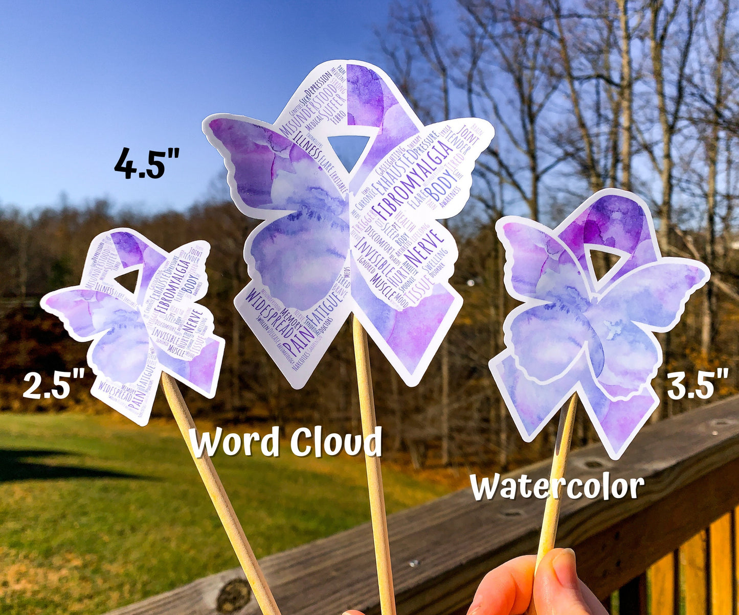 3 sizes of the stickers are shown. 2.5 inch, 4.5 inch, and 3.5 inch. It also shows that the watercolor design is all color and no word cloud and the word cloud is the design with each section split in half with the word clouds