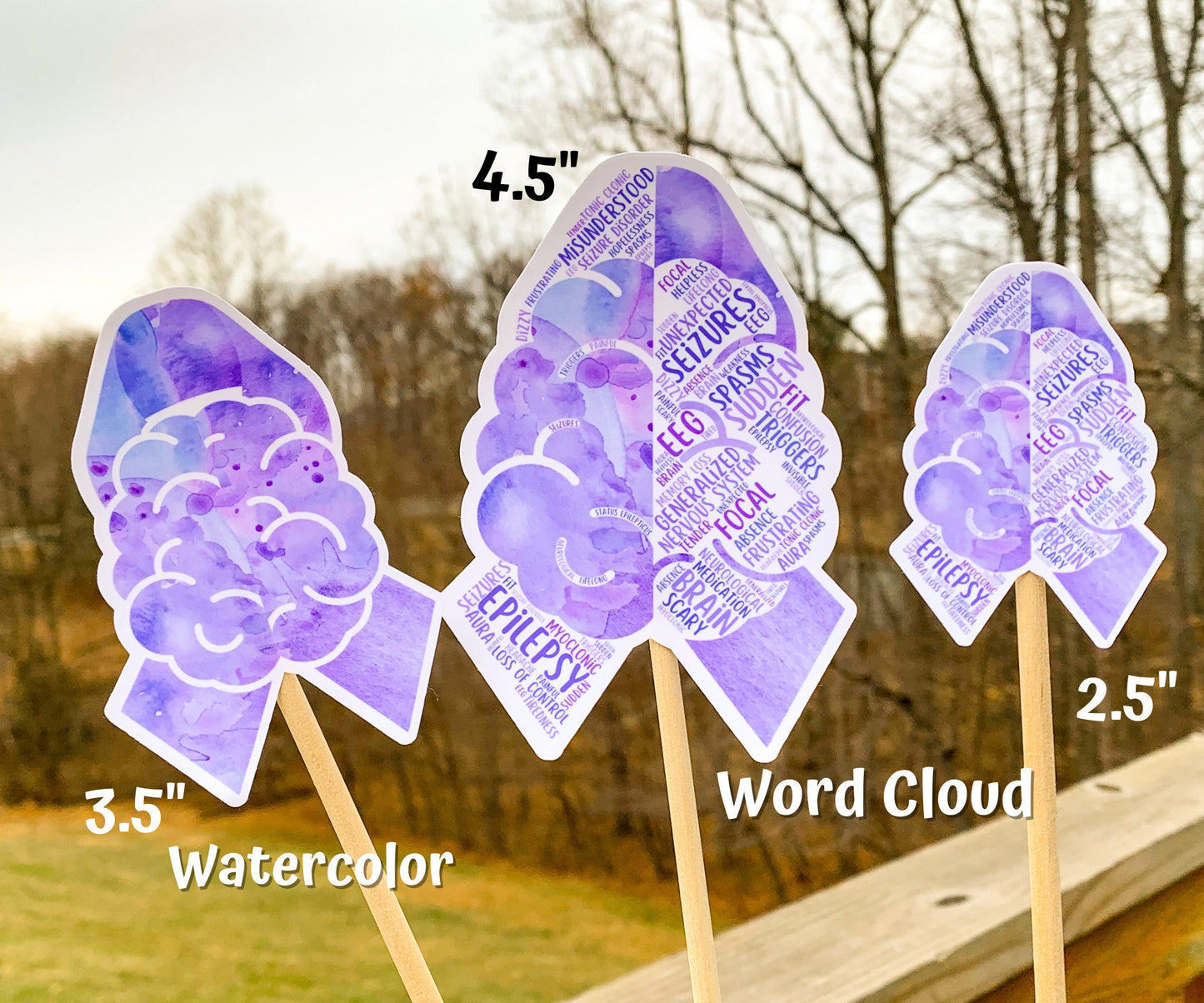 3 sizes of the stickers are shown. 3.5 inch, 4.5 inch, and 2.5 inch. It also shows that the watercolor design is all color and no word cloud and the word cloud is the design with each section split in half with the word clouds