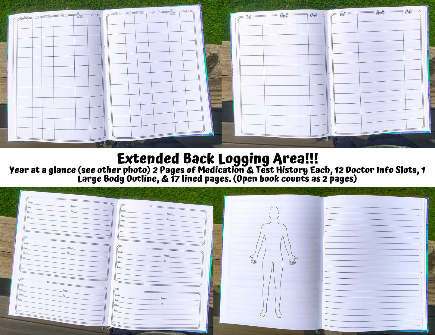 4 photos are shown showing the extended back logging area. A note explains what each section is and what is in the journal. 2 medication pages, 2 test history pages, 12 doctor info slots, a large body outline and 17 lined pages.