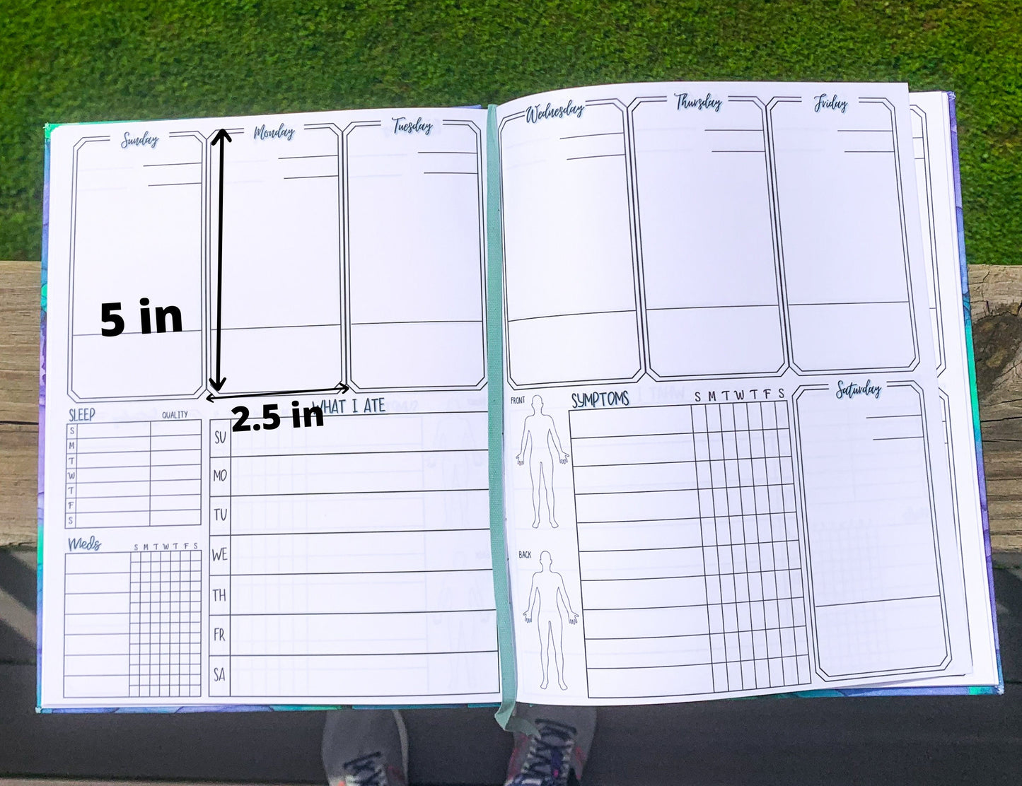 The week page of the journal is shown again. One of the days of the week boxes are shown with measurements. It measures 5 inches tall and 2 1/2 inches wide.