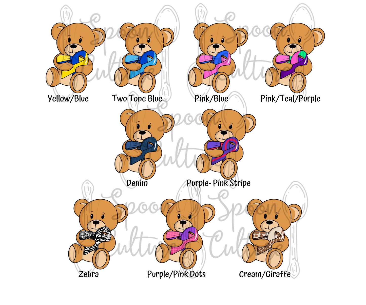 More awareness ribbon bears are shown on this page, these are the ones with 2 colors or different patterns.