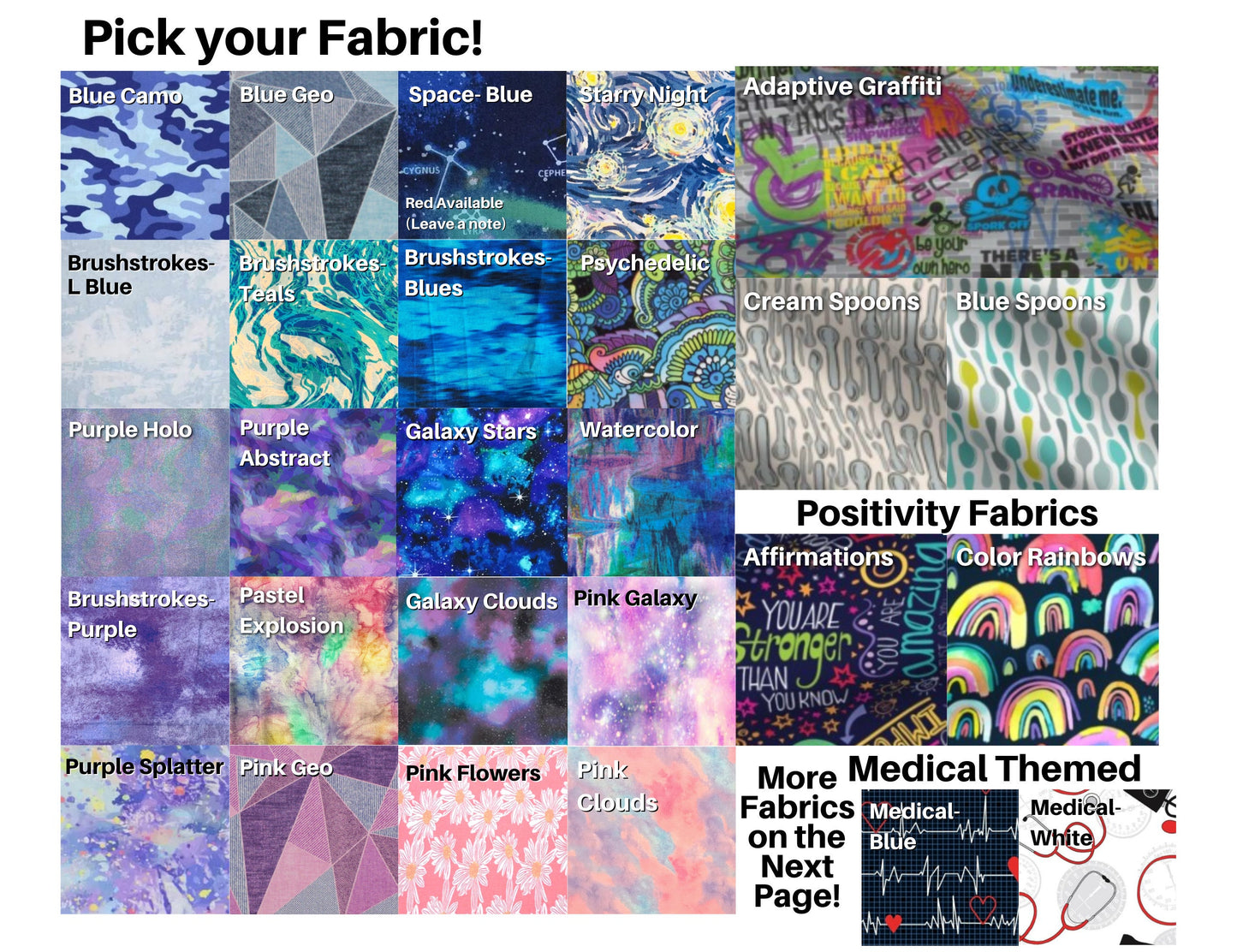28 fabrics are shown in mostly blues and purples, some pink. There are also fabrics marked as Spoonie fabrics, positivity fabrics, and medical themed.