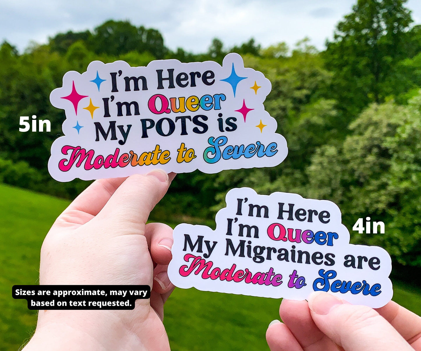 The Pansexual Flag POTS sticker from the first photo is noted as being 5 inches and shown next to the 4 inch Bisexual flag migraine sticker. A note says sizes are approximate, may vary based on text requested.
