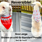Reversible work on one side play on the other. Size large shown on a 60 pound standard poodle in red no touch. The left photo is the dog with the red bandana around the front of her neck the right photo is the reverse patterened side of the bandana on the dog's back side