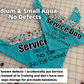 2 Aqua Bandanas are shown. Text says Medium and Small Aqua No Defects. A note says No known defects I accidently put service dog instead of intraining and don't have non oops storage for pre-made bandanas. The bandanas are aqua with white contrast that has black line drawn dogs, fire hydrants, and aqua and green paw and bone details. There are brown spots on the dogs. Text below service dogs on the bandanas say no touch no talk no eye contact.