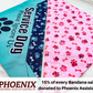 Blue and pink bandanas are shown. Blue is on the left face up with an ignore us paw design. The right is reverse side up it looks like redish pink and black plaid paws and redish pink bones on pink background with light pink hearts. Text at the bottom says 15% of every bandana sale will be donated to Phoenix Assitance Dogs. 