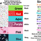 This photo shows color and size options. Sizes are listed in the description. The first fabric has white background with different breeds of dogs drawn in black and bones, paws, and tennis balls in the colors aqua, red, purple, and green it is the default fabric for those fabric colors. The pink and blue fabrics have plaid paws in their corrisponding colors and paws in pink for pink and white for blue. Blue's background is more navy.