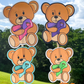 4 stickers are shown on sticks. The stickers are brown teddy bears holding an awareness ribbon with a matching colored bow tie. They are very cute. 2 stickers have white borders, 1 has a black border to blend in with the outline of the bears, and 1 sticker has a bright turquoise colored outline that is the same color of the awareness ribbon. 