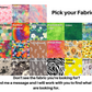 21 fabrics are shown in colors Pink, red, rainbow, green, orange, yellow, and greys. A note at the bottom says: Don't see the fabric you're looking for? Send me a message and I will work with you to find what you are looking for?