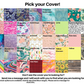 39 cover options are shown in blues, pinks, greens, red, rainbows, yellows, coloring book, and other varied patterns. A note says Don't see the cover you're looking for? Send me a message and I will work with you to find what you are looking for. Some low stock options are available, mainly aqua/teal/blue ranges. Please send a message for more info.