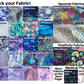  28 fabrics are shown in mostly blues and purples, some pink. There are also fabrics marked as Spoonie fabrics, positivity fabrics, and medical themed.