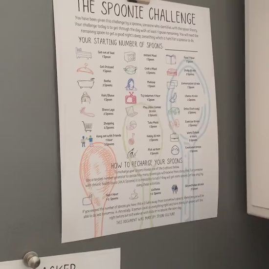 A video is shown. 2 pages, the value and spoon tracker, are shown on the side of a fridge. Then each page is shown on a deck. 
