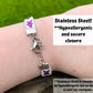 The back of a bracelet is shown. A lobster clasp connects on side to a short string of chain links. A box says Stainless Steel! **Hypoallergenic and secure closure. A note at the bottom says **stainless steel is considered to be hypoallergenci but no material is safe for everyone.