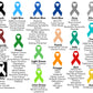 Several awareness ribbons are shown in different colors with the conditions they represent
