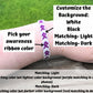 A white background purple ribbon bracelet is shown on a wrist, boxes are point to it. The boxes say pick your awareness ribbon color and customize the background: white, black, matching-light, matching- dark. Matching-light is matching color but the lighter color background (purple shown before). Matching-dark is matching color but darker color background (teal shown before)