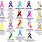 Several awareness ribbons are shown in different colors with the conditions they represent