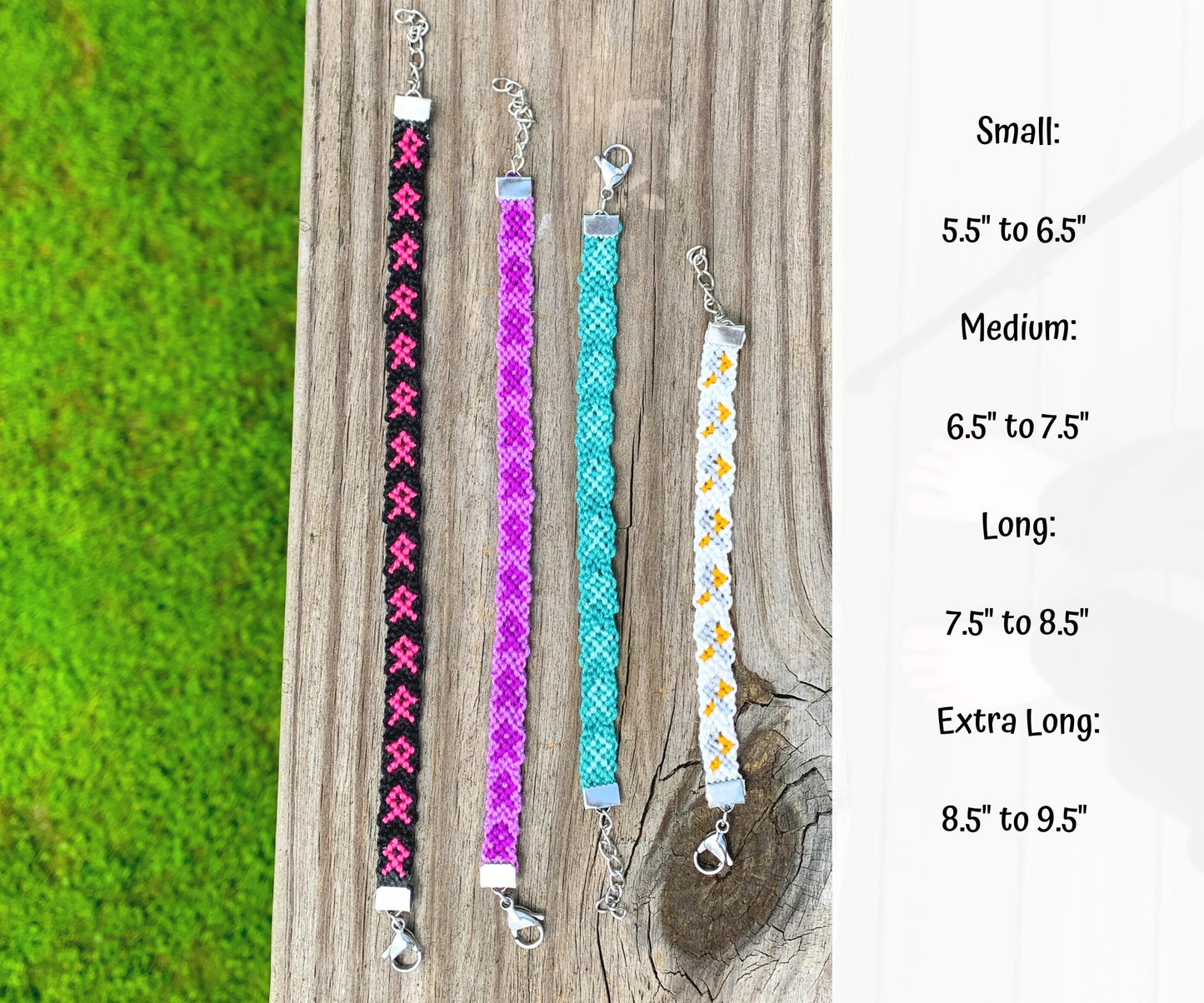 4 bracelets are shown in different lengths. The sizes are noted. Small is 5 1/2 to 6 1/2 inches. Medium is 6 1/2 to 7 1/2 inches. Long is 7 1/2 to 8 1/2 inches. Extra Long is 8 1/2 to 9 1/2 inches. 