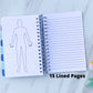 The spiral book is open to show a large body outline on the left page and a lined page on the right. A note below the lined page says 15 Lined pages.