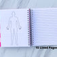 The spiral book is open to show a large body outline on the left page and a lined page on the right. A note below the lined page says 15 Lined pages.