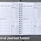 The main page of the spiral journal is shown. There are 11 lines with a header of What I Did Today. On the right is a box that says sleep on the left and quality on the right. Another box below labeled symptoms has 11 slots, 3 times of day and a pain slot. Below the lines on the left is a box that is says What I Ate, there is a small separated area on its side. There are 5 slots in this box. To the right are front and back body outlines the meds section with 8 slots.