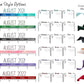 6 colors options are shown. Blue, Green, Grey, Pink, Purple, and Red. The colors for the days of the week for months is shown as well as the header on the main pages which have a shadow of a matching color. On the right is a column called corresponding ribbons that show the color of each ribbon that is attached as a bookmark, the color matches but the shade varies. 