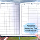 A note says Medication History and Test Result Tracker. The left page is a box split into 6 columns- medications, dose, reason, effects, did it work, and when. It has 12 rows. The right page has 3 columns- test, result, date. It has 12 rows too.