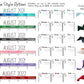 6 colors options are shown. Blue, Green, Grey, Pink, Purple, and Red. The colors for the days of the week for months is shown as well as the header on the main pages which have a shadow of a matching color. On the right is a column called corresponding ribbons that show the color of each ribbon that is attached as a bookmark, the color matches but the shade varies. A note says calendars are not in the undated version, however they can be added via customizations.