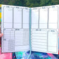 The week page of a symptom journal is shown. It has 6 boxes at the top and 1 below on the right, each is a day of the week. The boxes take up half the page vertically they have a line towards the bottom. Below on the left is a sleep, meds, and symptom tracker. Each has space for each day of the week. The med box has space 7 meds and 2 checkboxes per day. The symptom box has 10 slots. On the right is a what I ate box which is divided into writing slots for each day.