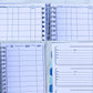 Several pages are shown. At the top is 2 pages of a medication tracker. It has columns labeled medications, dose, reason, effects, did it work, when. It is the same for both sides but the right says name instead of medications. The bottom left image is a box with columns that say test, result date. The bottom right photo is 3 boxes with lines for writing that say provider, diagnosis, phone, fax, address, and 3 lines for notes.