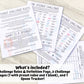 Each page of the Spoonie Challenge set is shown on a marble background They are Laminated. A note says What's Included? 1 Challenge Rules & Definition Page, 2 Challenge Pages (1 with preset value and 1 blank), and 1 Spoon Tracker.